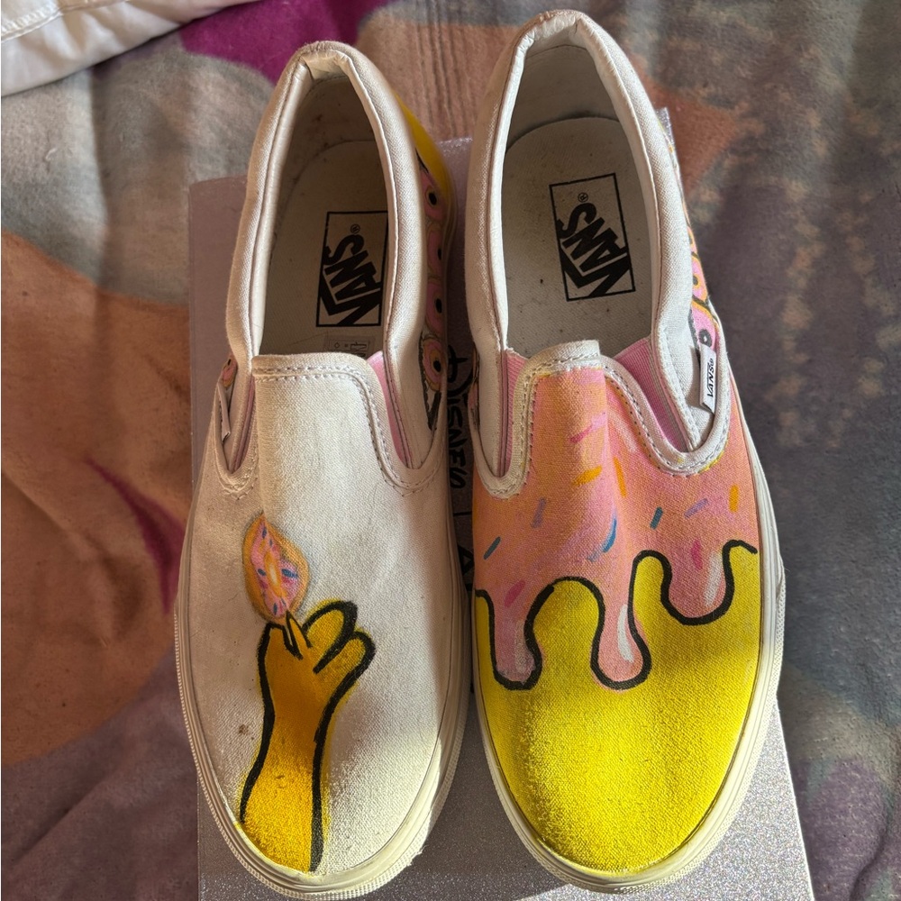 Vans Hand Painted Simpsons Slip-On Sneakers - Yellow and Pink